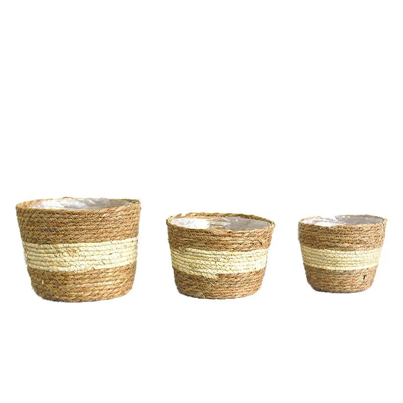 Handmade Woven Planter Basket Laundry Storage Decorative Basket Straw Wicker Rattan Seagrass Garden Flower Pot Storage Basket