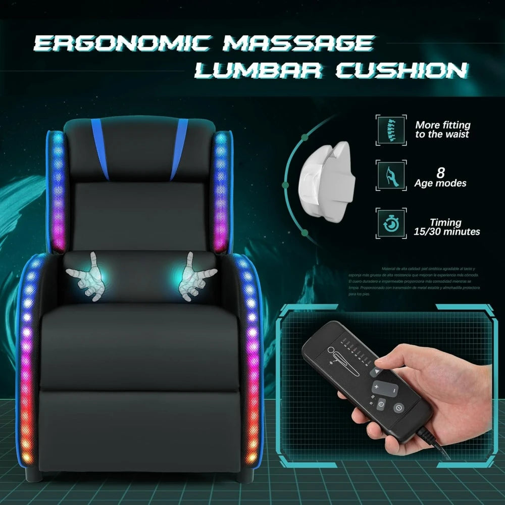 LED Gaming Massage Recliner Chair, Racing Style Single Living Room Sofa Comfortable Ergonomic Home Theater Seating, Chairs