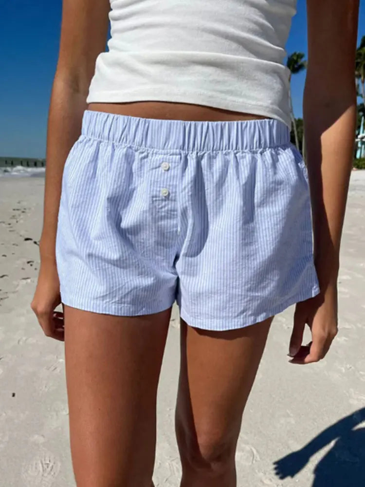 Casual Loose Stripe Button Details Summer Shorts Women Vacation Beach Outfits