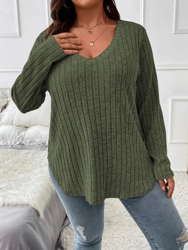 GIBSIE Plus Size Women's Casual V-Neck Long Sleeve Tees Shirt 2024 Spring Autumn Fashion Loose Ribbed Knit Tops for Women