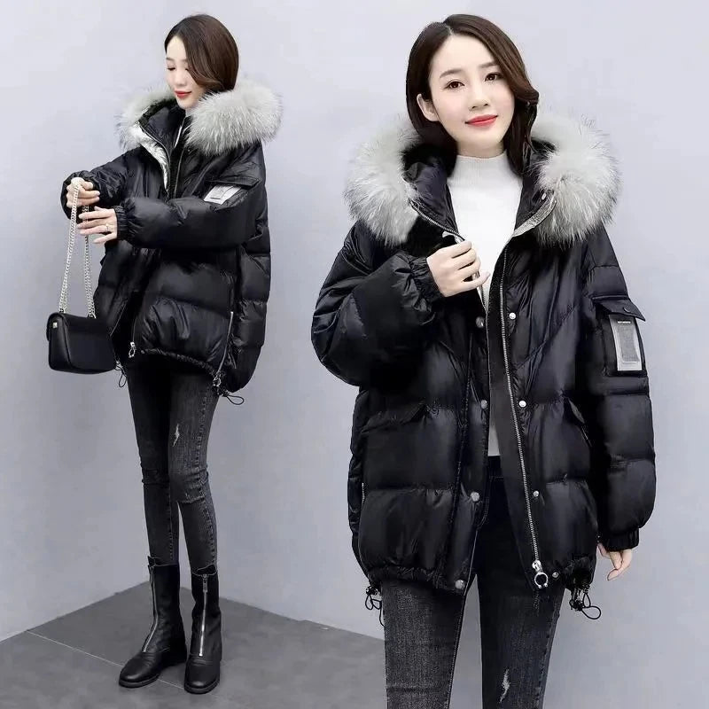 2024 Winter New Warm Down Cotton Jacket With Large Fur collar Hooded Coat Loose Women Thicken Parker Puffer Overcoat Casual wear