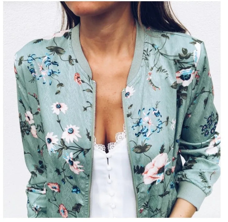 Women Elegant Zipper Bomber Jacket Spring Autumn Floral Printed Jackets Office Wear Slim Office Coat Retro Outwear