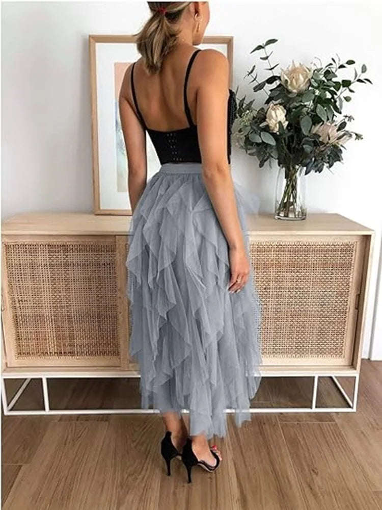 Tulle Skirts for Women Long Length Tutu Fairy Tiered Skirt A Line Mesh Elastic Waist Skirts Big Hem Black Gray Pink Beige Skirts