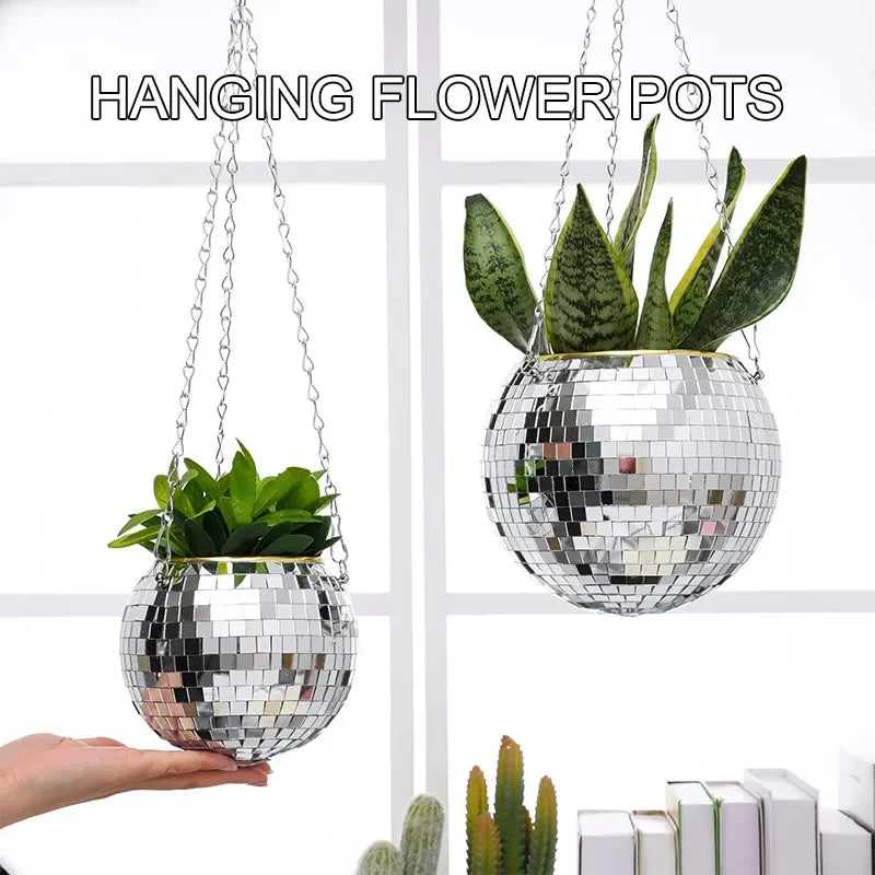 1PC Disco Ball Creative Round Flowerpot Hanging Basket Plastic Glass Mirror Plant Planting Pot Succulent Slivery