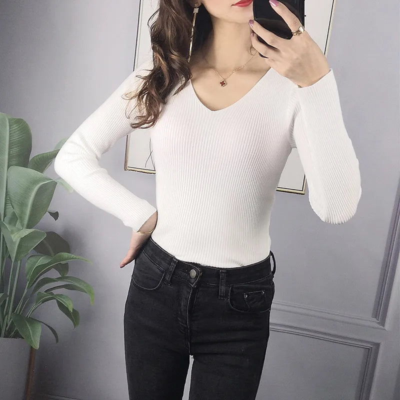 2024 Autumn Winter Women Solid Rib Knit V Neck Stripe Pull Sweater Femme Y2k Long Sleeve Pullover Jersey Tops Fashion Clothes