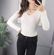 2024 Autumn Winter Women Solid Rib Knit V Neck Stripe Pull Sweater Femme Y2k Long Sleeve Pullover Jersey Tops Fashion Clothes