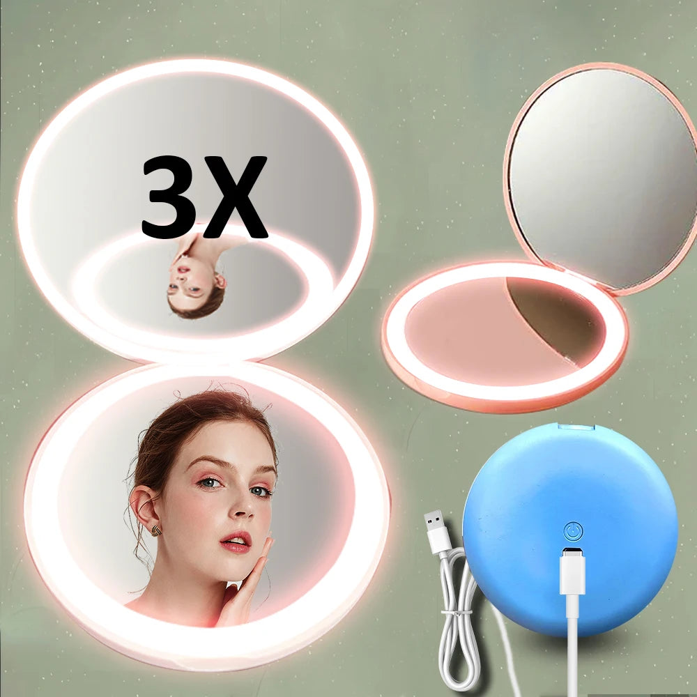 Women 2 Side Folding Makeup Compact Pocket Mirror Personalized Small LED Light Cosmetic Luminous Effect Pink White Mini Mirror