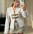 TRAFZA Retro Leather Buckle Woolen Coat Women Fashion Solid V Neck Long Sleeve Beige Jacket Autumn Spring Chic Female Streetwear