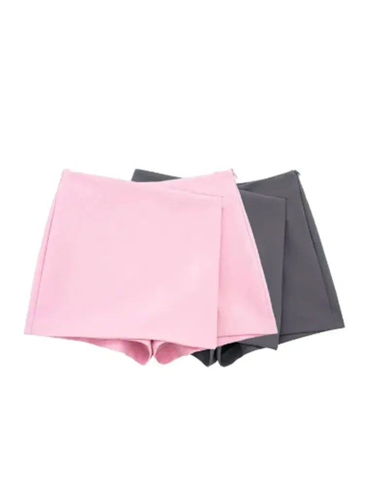 LAZVM Women Fashion Asymmetric Pareo Style Self Overlay Shorts Skirts Vintage High Waist Side Zipper Female Skort Mujer