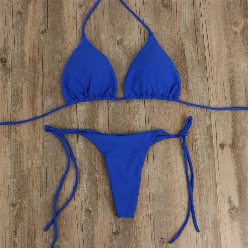 Sexy Women Thong Bikini Set Side Halter Tie Swimsuit Ladies Split Strap Adjustable Bandage Style Brazilian Swimwear Beachwear