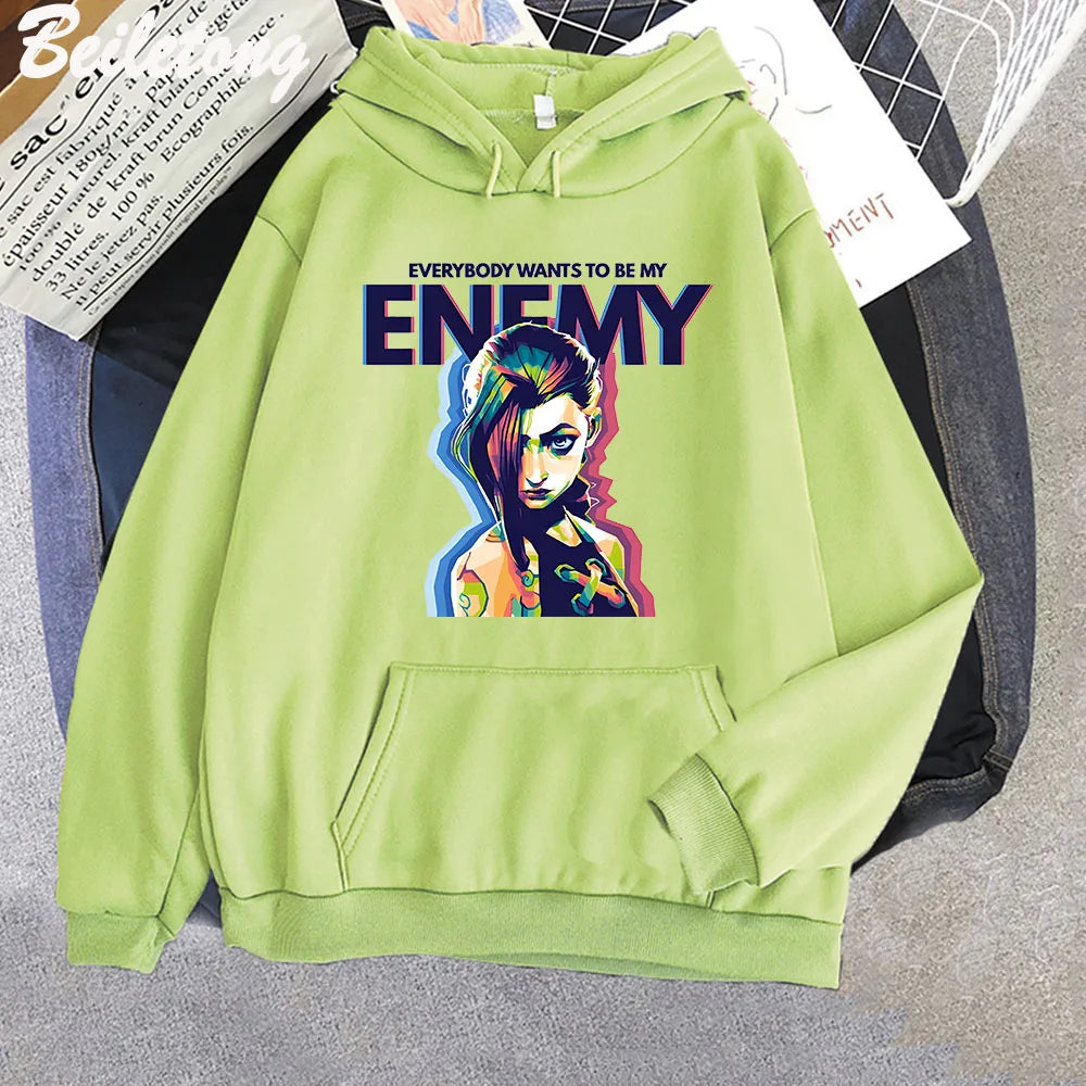 Jinx Arcane Hoodie ENEMY Cool Graphic Print Sweatshirt Women Tracksuit Sudaderas Aesthetic Clothes Streetwear Manga Casual Male