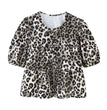 Leopard Shirt Summer Crop Top Puff Sleeve Blouse With Lace-up Closing New Women's Clothing