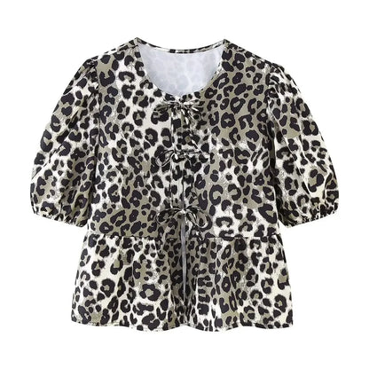 Leopard Shirt Summer Crop Top Puff Sleeve Blouse With Lace-up Closing New Women's Clothing