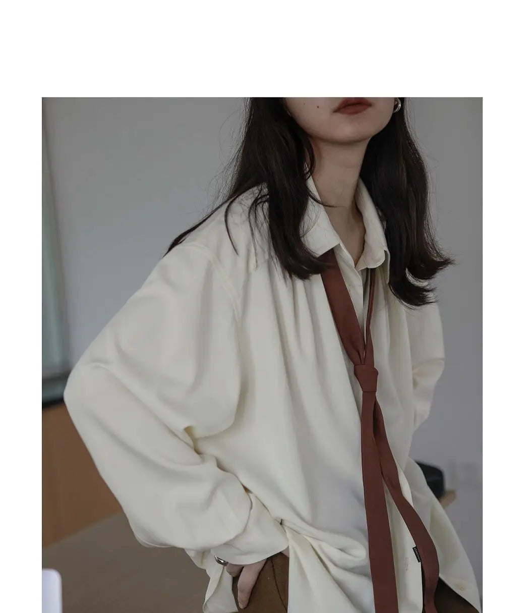 2025 Spring Minimalist Long Sleeve Button Up Shirt Women Korean Style Solid Tie Oversize Shirts Blouse Loose Clothes Autumn Tops