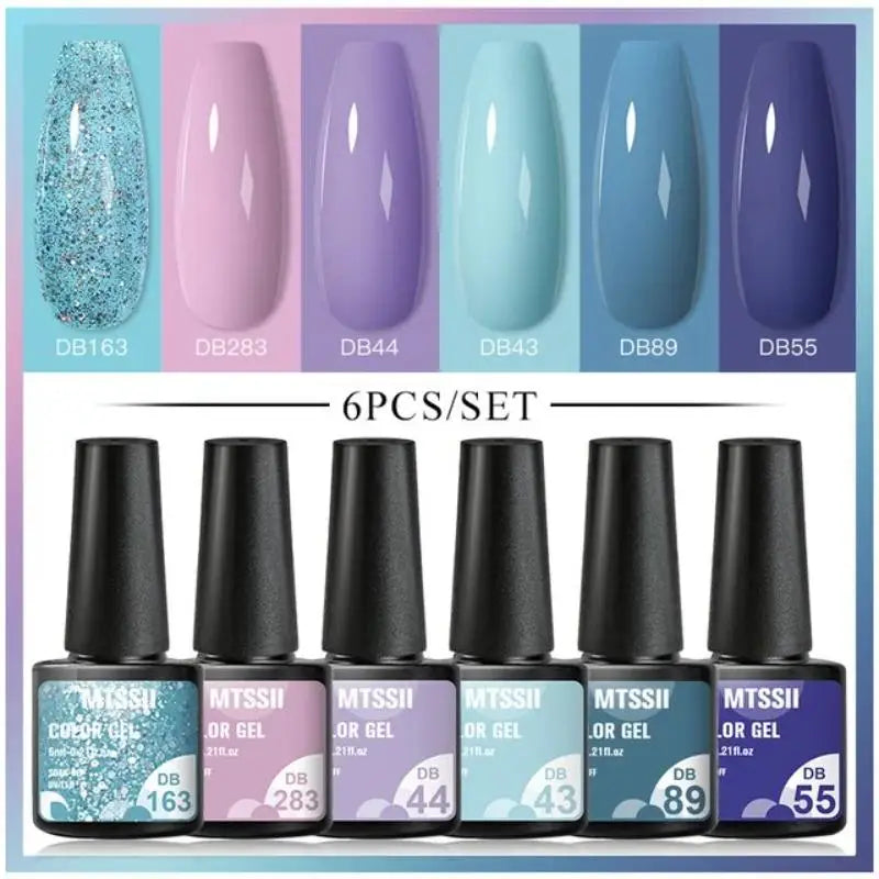 Mtssii 6PCS/Set Blue Nail Polish Gel Set Sequins Semi Permanent Base Matte Top Coat Soak Off LED UV Nail Art Gel Varnish Kit