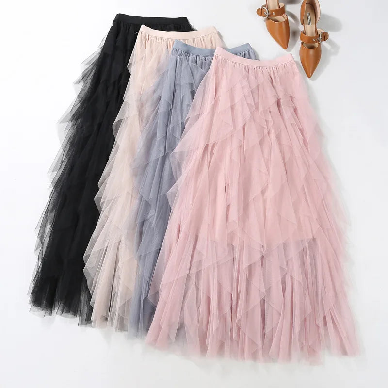 Tulle Skirts for Women Long Length Tutu Fairy Tiered Skirt A Line Mesh Elastic Waist Skirts Big Hem Black Gray Pink Beige Skirts