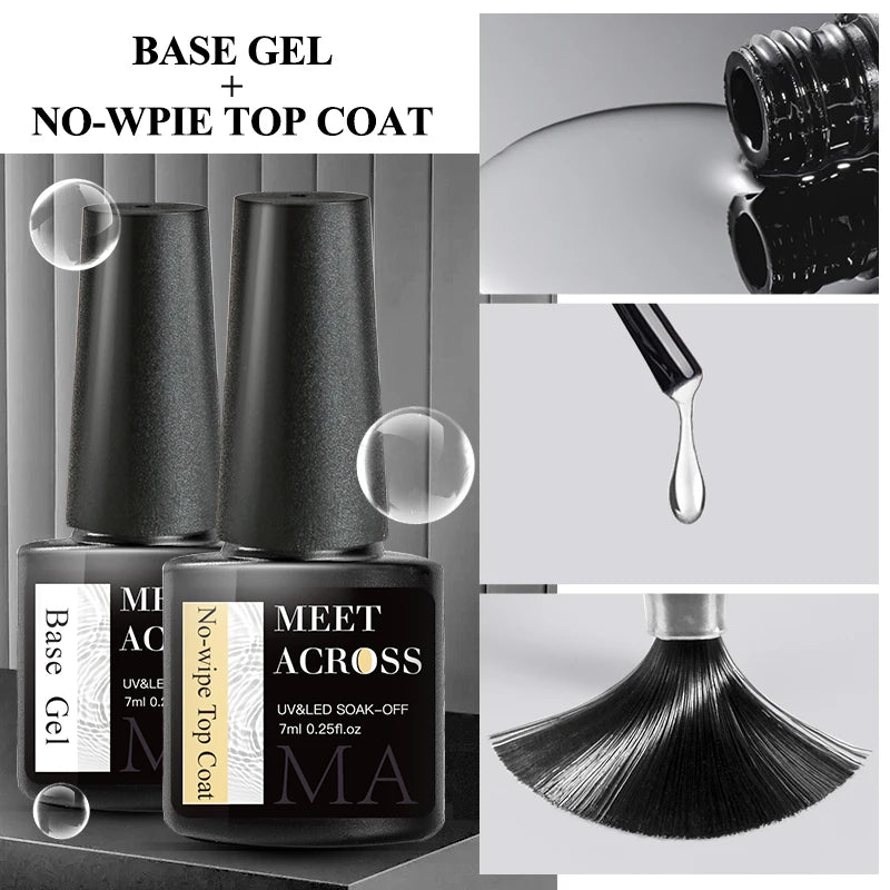 MEET ACROSS 7ml Base Top Coat Gel Polish Soak Off Semi Permanent UV Gel Nail Art Varnish Base Gel Top Coat Gel Varnish Manicure