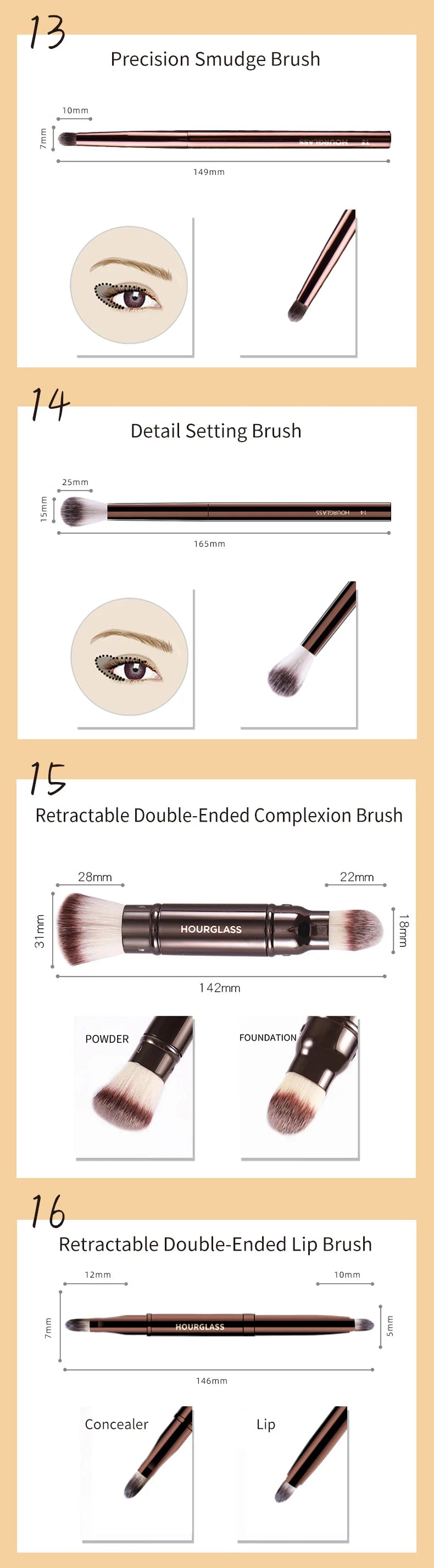 Hourglass Makeup Brushes Powder Foundation Concealer Blusher Bronzer Eye Shadow Eyebrow Eyeliner Sculpting Brush