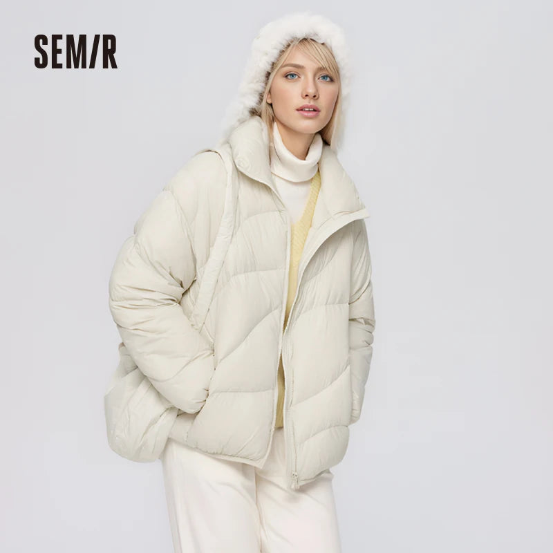 Semir Down Jacket Women Solid Color Design Sense 2022 Winter New Three-Proof Loose Stand-Up Collar Coat Ladies All-Match