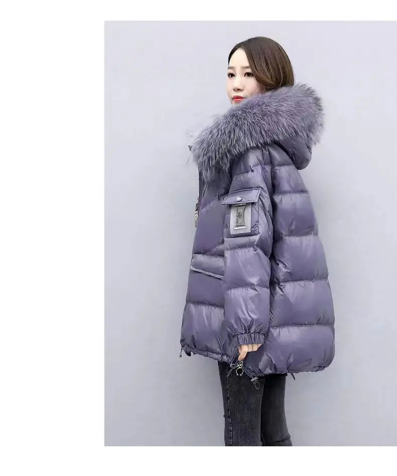 2024 Winter New Warm Down Cotton Jacket With Large Fur collar Hooded Coat Loose Women Thicken Parker Puffer Overcoat Casual wear