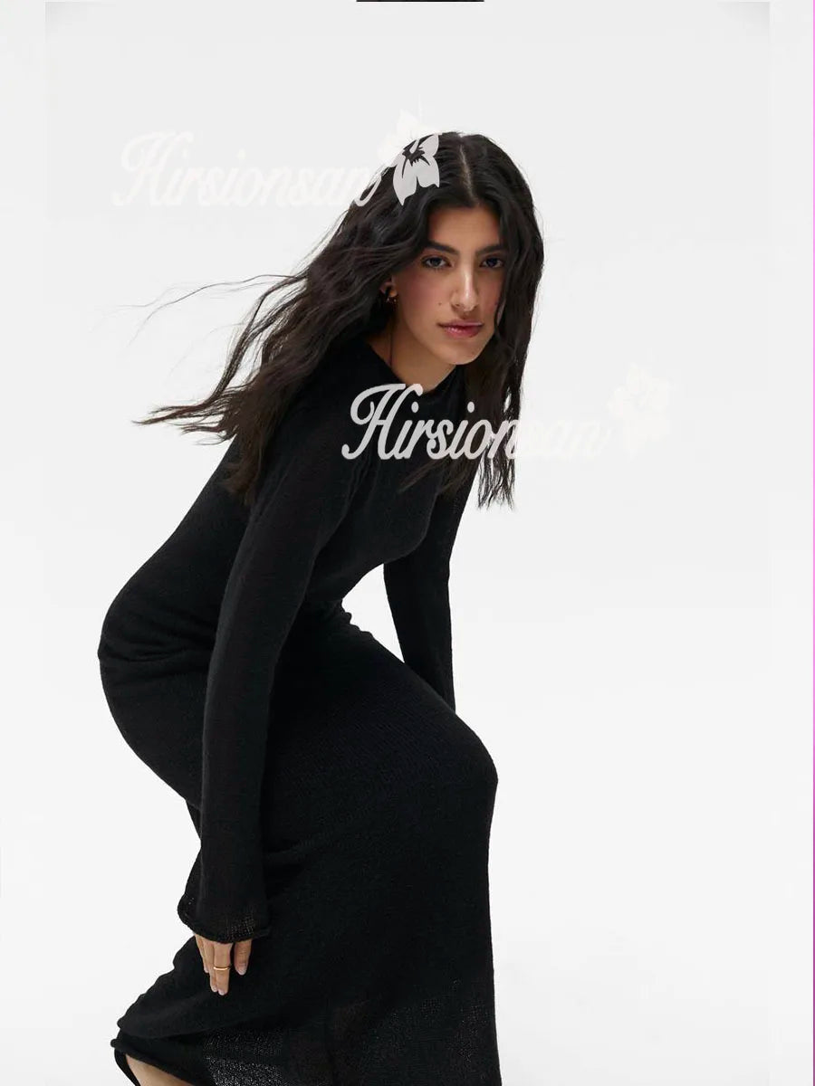 Hirsionsan Spring Autumn O-Neck Elastic Knit Long Dresses Women 2024 Elegant Chic Soft Lady Hollowing Sweater Dresses Femme New