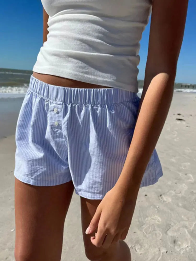 Casual Loose Stripe Button Details Summer Shorts Women Vacation Beach Outfits