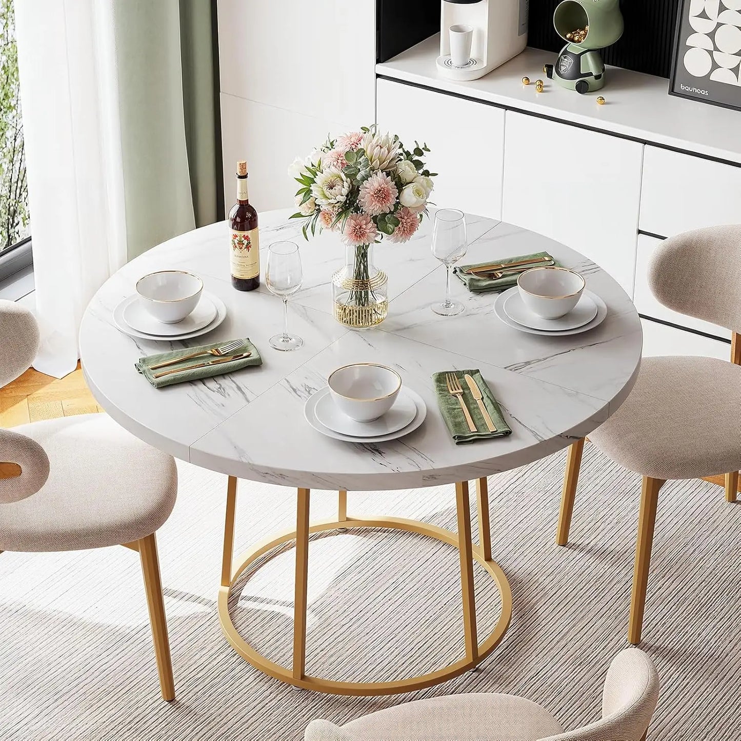 Round Dining Table 47.24 Inch Kitchen Table for 4 People Wooden Marble Pattern Dinner Room Table with Gold Base for Home office