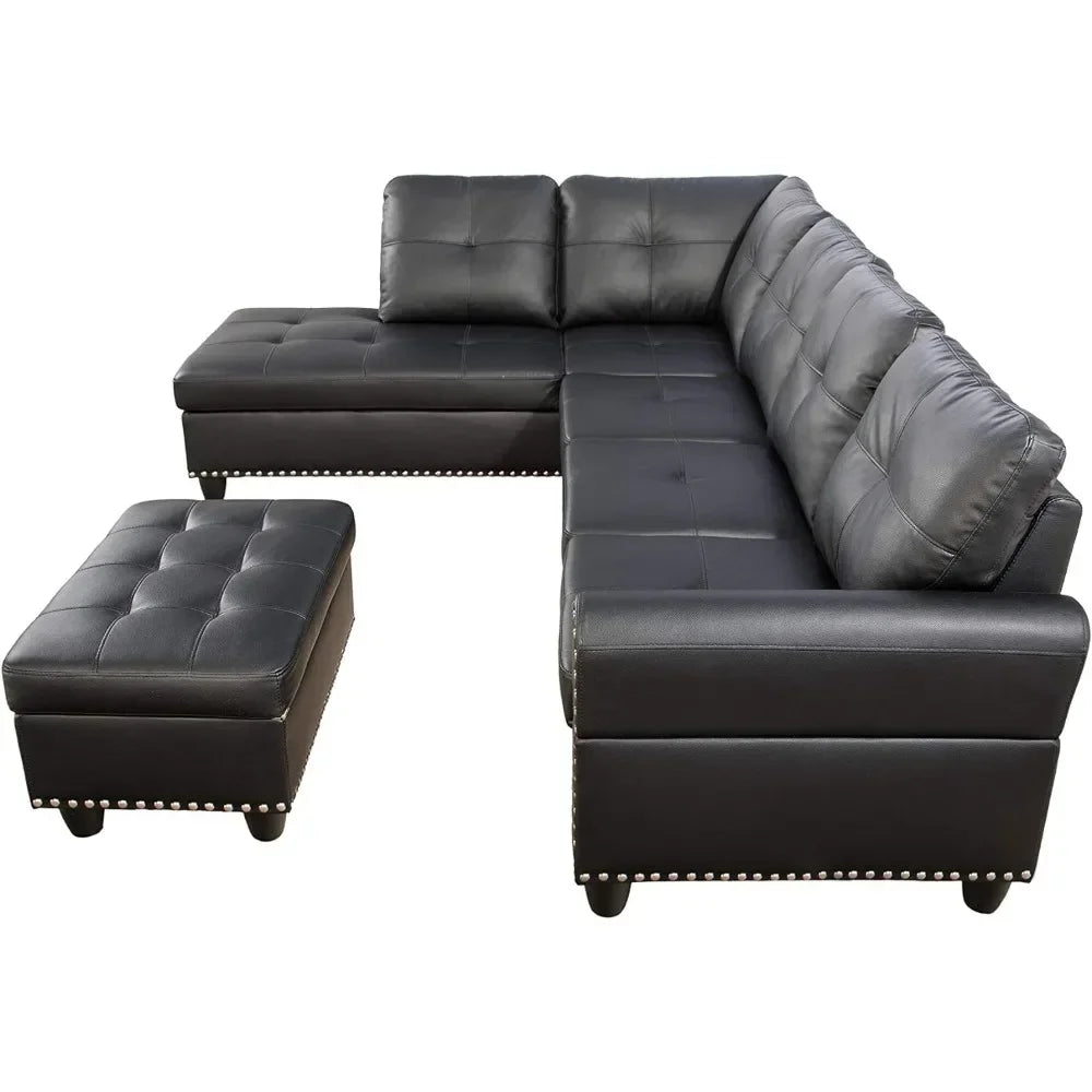 L Shaped Sectional Sofa Set with Storage Ottoman Reversible Back Cushion W/Cupholders, Wide Convertible Upholstered Couch