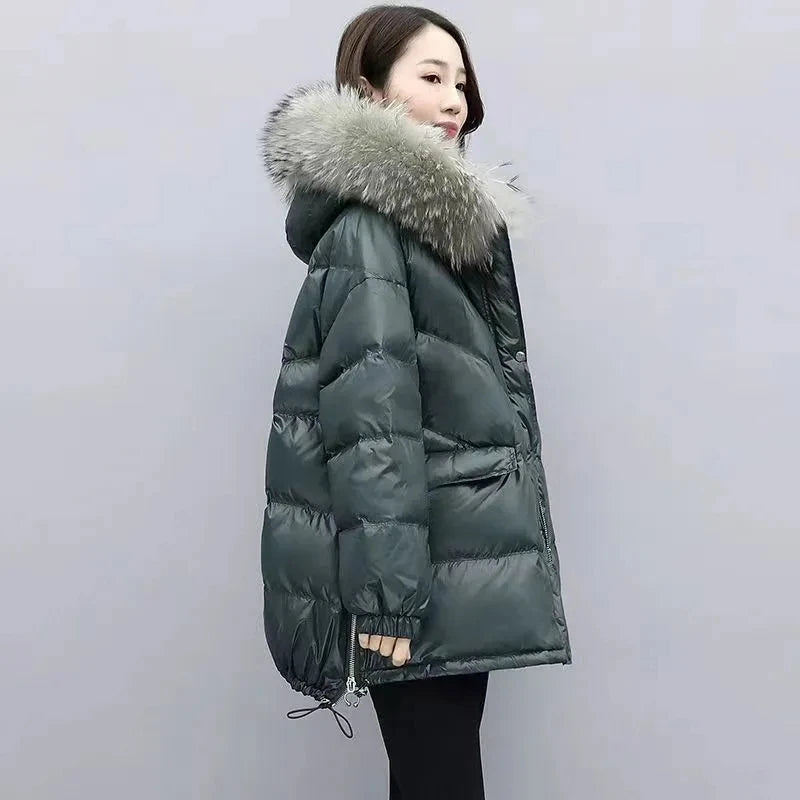 2024 Winter New Warm Down Cotton Jacket With Large Fur collar Hooded Coat Loose Women Thicken Parker Puffer Overcoat Casual wear