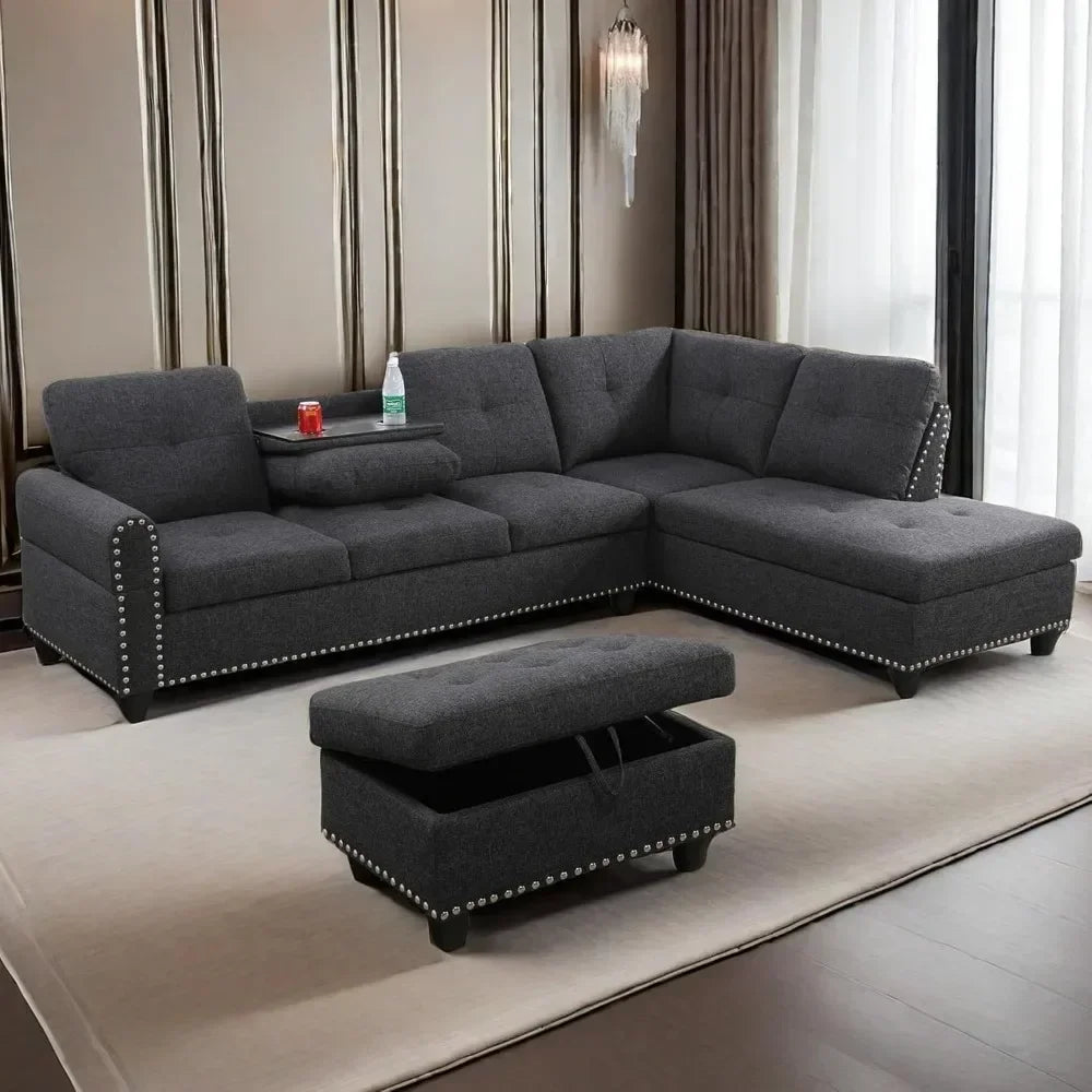 Sectional Sofa with Ottoman Nail-Head Design Linen Right Facing Modern Couches with Cup Holder L Shaped Sectional Sofa