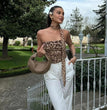 Women Tulle Leopard Print Top with Bandeau Off-the-shoulder Straight-cut Neckline Summer Casual Girls for Summer Blouse