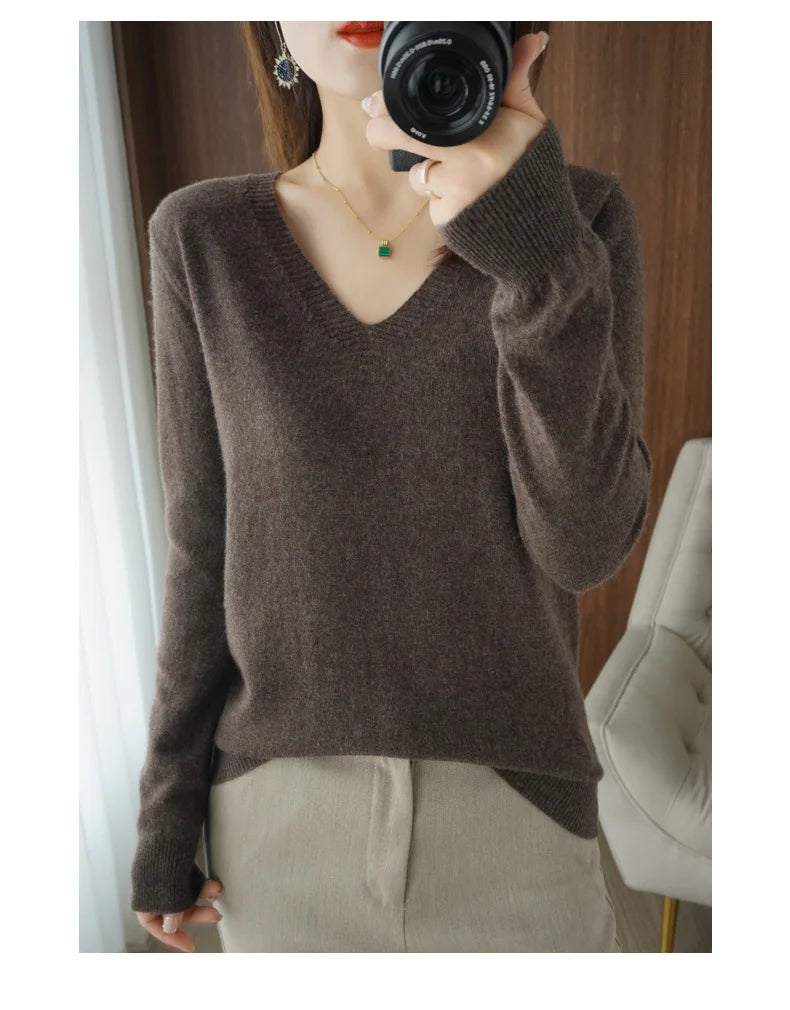 New Cashmere Women's V-neck Pullover Lace Neck Hollow Out Design Casual Knitted Long Sleeve Women's Sweater Autumn And Winter