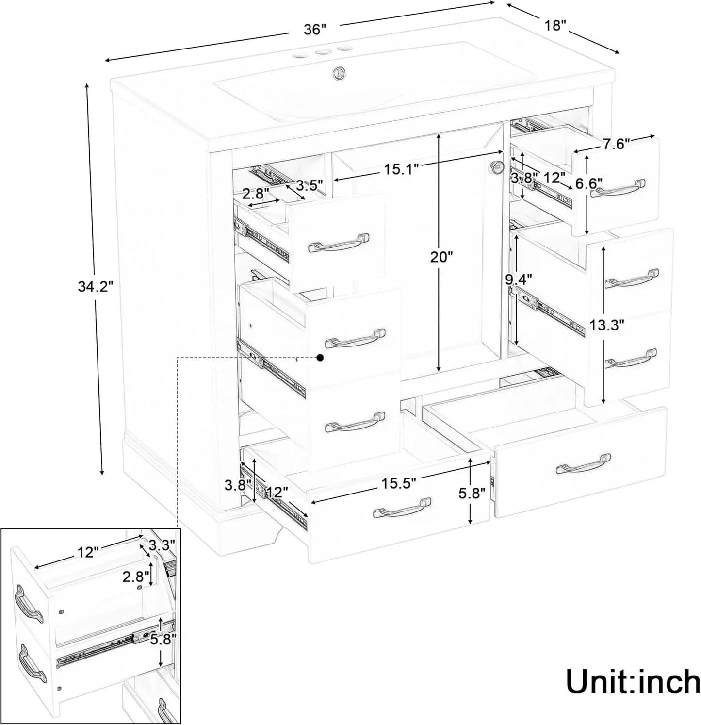 36" Bathroom Vanity with Sink ,6 Drawers & One Cabinet with Adjustable Shelf, Bathroom Cabinet with Ceramic Basin for Bathroom