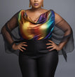 Women Plus Size Business Casual Multicolor Gradient Cowl Neck Batwing Sleeve Long Sleeve See Through Ruffled Fold Chiffon Blouse