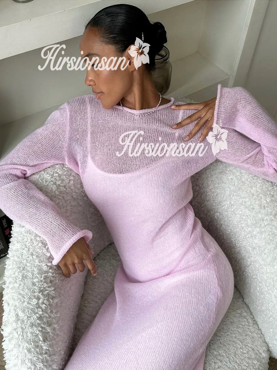 Hirsionsan Spring Autumn O-Neck Elastic Knit Long Dresses Women 2024 Elegant Chic Soft Lady Hollowing Sweater Dresses Femme New