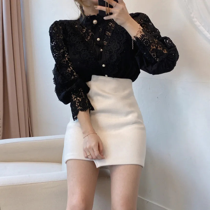 Fashion Long Sleeve Women Blouse Hollow Out Lace Blouse Shirt Tops Women Blusas Mujer De Moda 2024 Blouses Femme Women Shirts