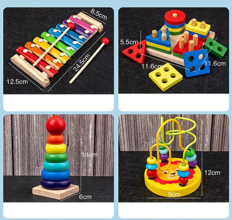 9 in 1 Wooden Montessori Toys Rattle Bell Drum Column Set Musical Instruments Sensory Early Baby Toy Toddler Education