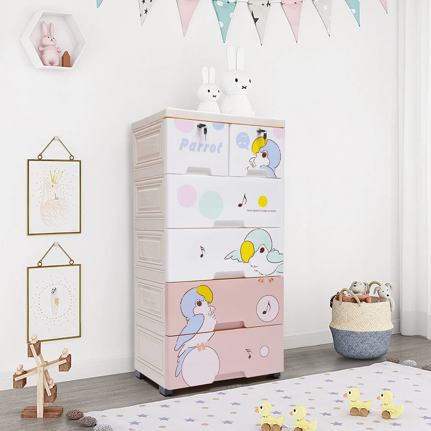 Dresser Storage Tall Dresser Organizer 5 Layers 6 Drawer Plastic Closet Rolling Parrot Cabinet  Clothes Organizer with Lock