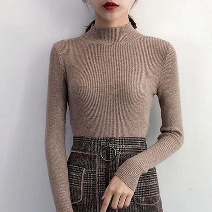 Autumn Winter Mock Neck Women Sweater Vintage Basic Solid Knitted Tops Casual Slim Pullover Korean Sweaters Simple Chic Jumpers