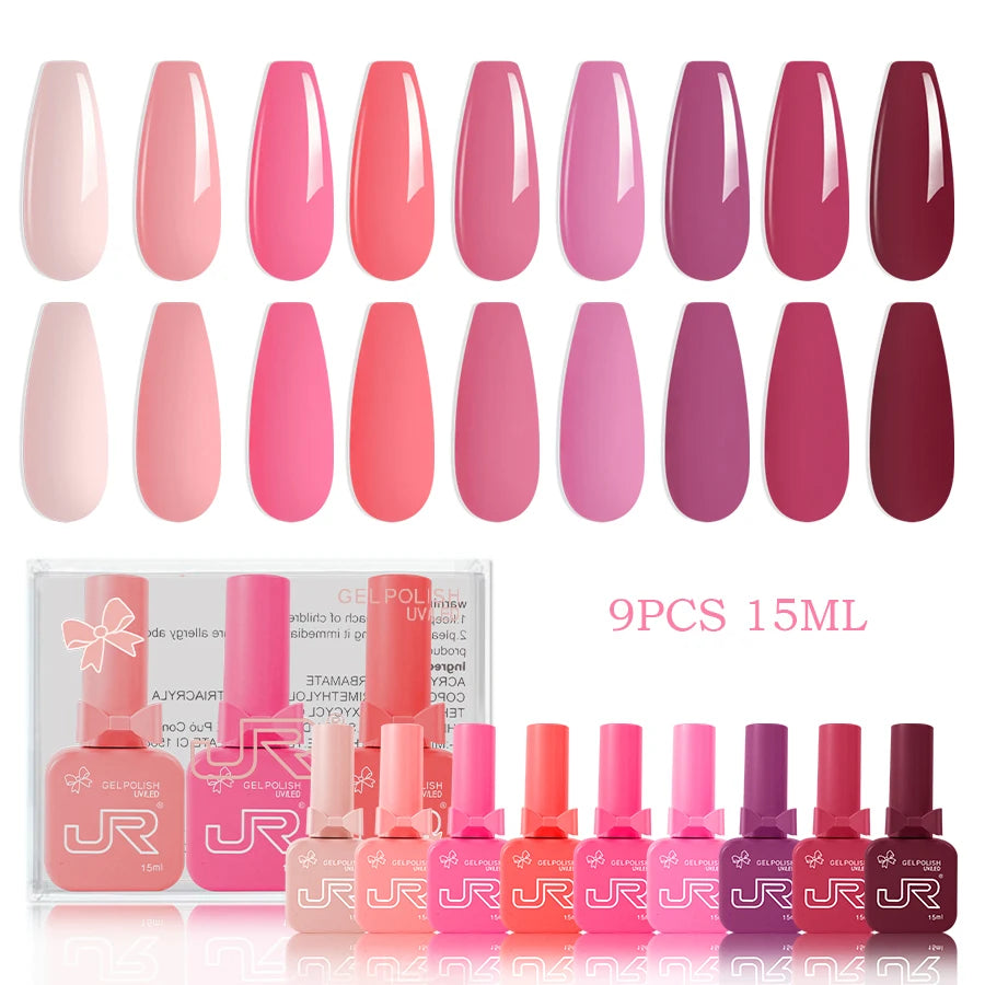 JR 9pcs 15ml gel nail polish set Including Red Pink Nude Gel Polish Kit UV LED Soak Off Polish Home DIY top coat base coat gifts