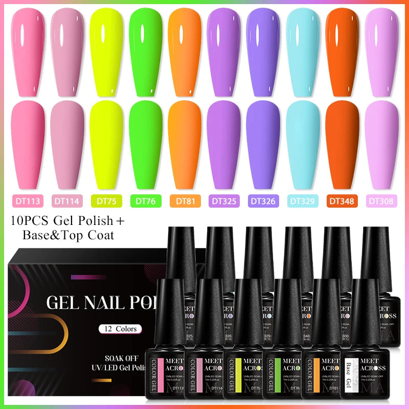 MEET ACROSS 12Pcs/Set 7ml Macaron Gel Nail Polish With Box Semi Permanent UV Gel  Soak Off Nail Art Kit Varnish For Manicure