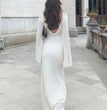 Sexy Women White Long Knit Sleeve Bikin Fashion Cover up Female See-Through Deep V-Neck Hollow-Out Beach Knitwear Backless Dress