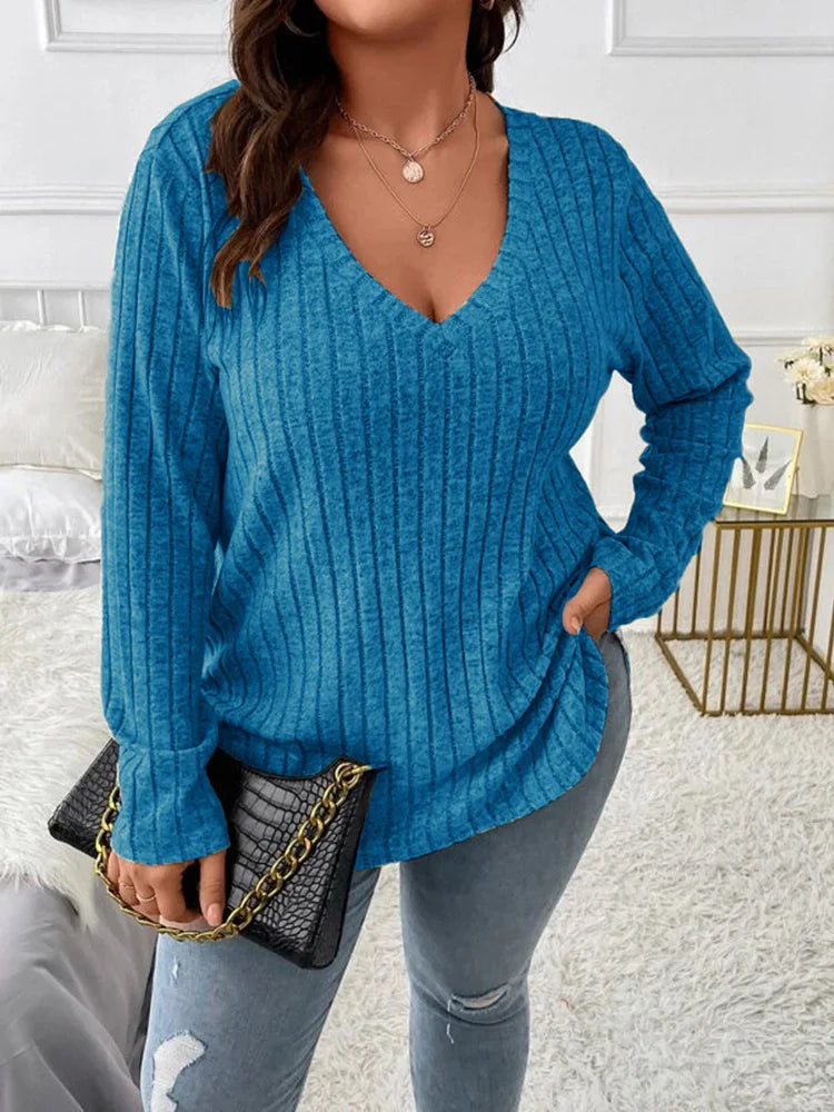 GIBSIE Plus Size Women's Casual V-Neck Long Sleeve Tees Shirt 2024 Spring Autumn Fashion Loose Ribbed Knit Tops for Women