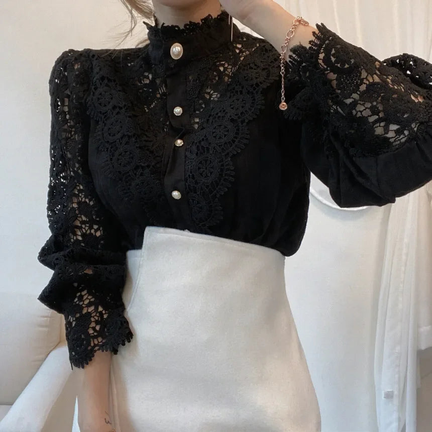 Fashion Long Sleeve Women Blouse Hollow Out Lace Blouse Shirt Tops Women Blusas Mujer De Moda 2024 Blouses Femme Women Shirts