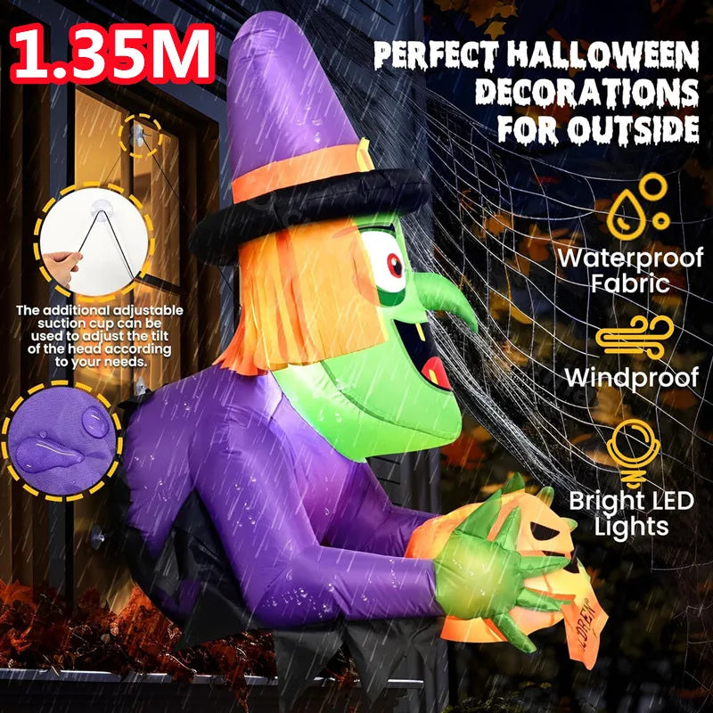 1.35M/4.5FT Halloween Inflatable Wall climbing witch Model Built-in LED Lights Model Outdoor Ornament Party Garden Decor Prop