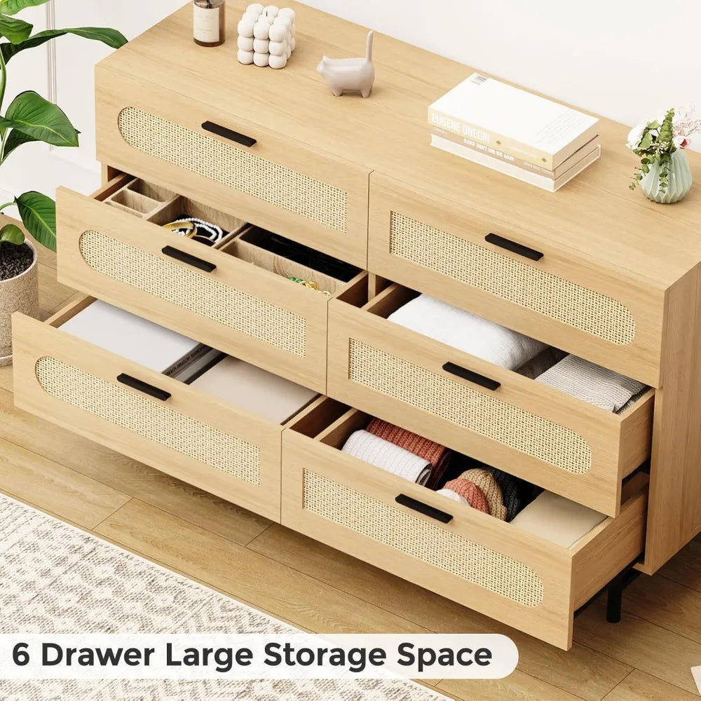 Wooden Dresser for Bedroom, Natural Rattan Dresser with Drawers 6 Drawer Chest of Drawers, Double Dressers Chest for Living Room