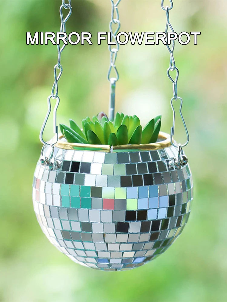 1PC Disco Ball Creative Round Flowerpot Hanging Basket Plastic Glass Mirror Plant Planting Pot Succulent Slivery