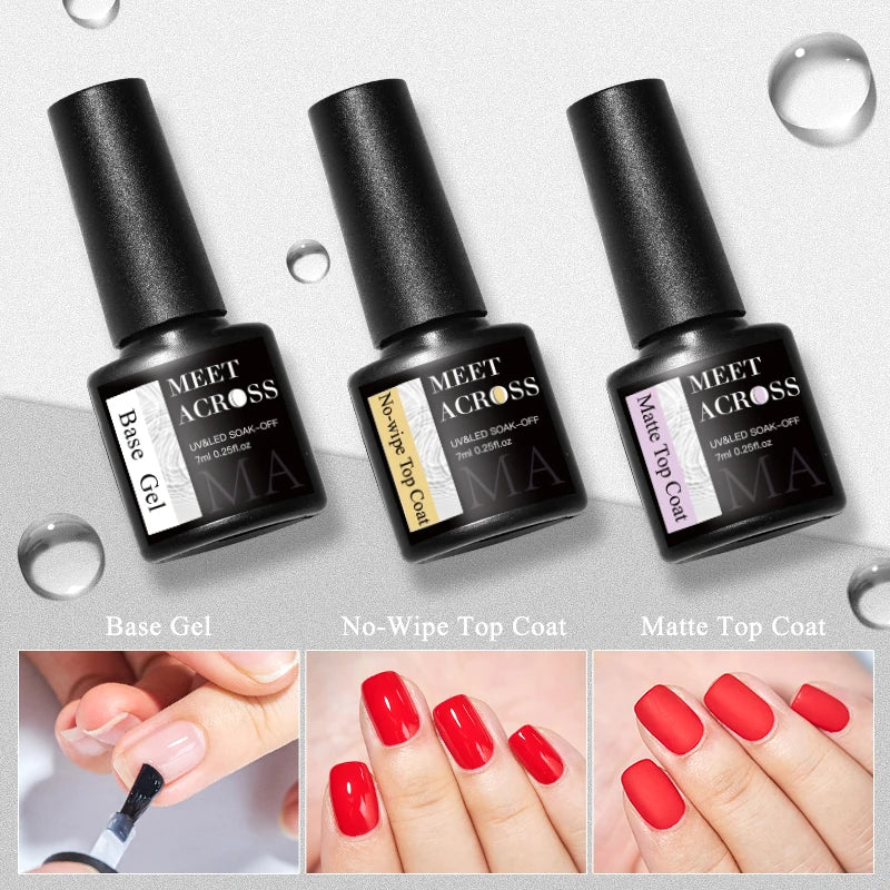 MEET ACROSS 7ml Base Top Coat Gel Polish Soak Off Semi Permanent UV Gel Nail Art Varnish Base Gel Top Coat Gel Varnish Manicure