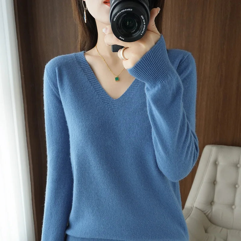 New Cashmere Women's V-neck Pullover Lace Neck Hollow Out Design Casual Knitted Long Sleeve Women's Sweater Autumn And Winter