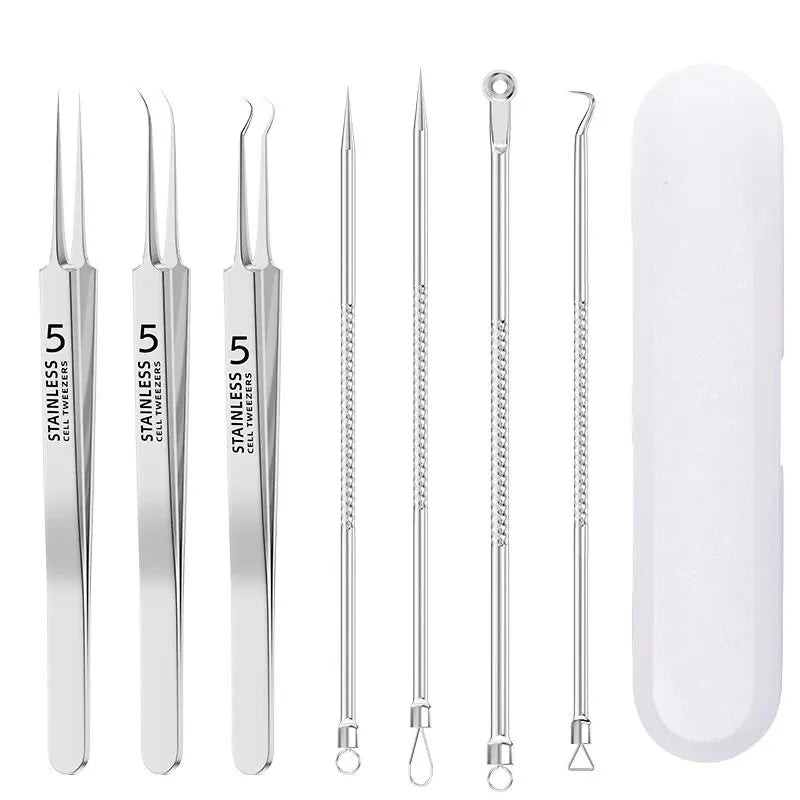 1/7pcs Stainless Steel Splinter Acne Clip Cell Tweezer Blackhead Clip Pimple Pin Beauty Salon Acne Removal Acne Needle Tools